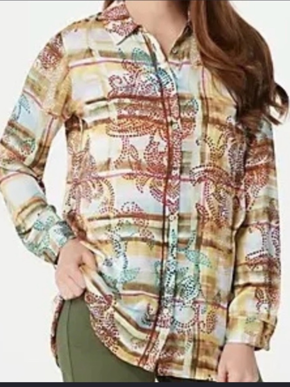 Susan Graver NWOT Printed Charmeuse Button-Front Top Size XL